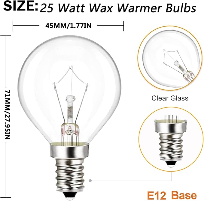 Wax Warmer Light Bulbs,Original 25 Watt Bulbs for Full Size Scentsy Warmers,6 Packs E12 Base Type G Bulb,Scentsy Light Bulbs,Warm White,Long Life-Span and Melt Wax Fast, 120 Volt