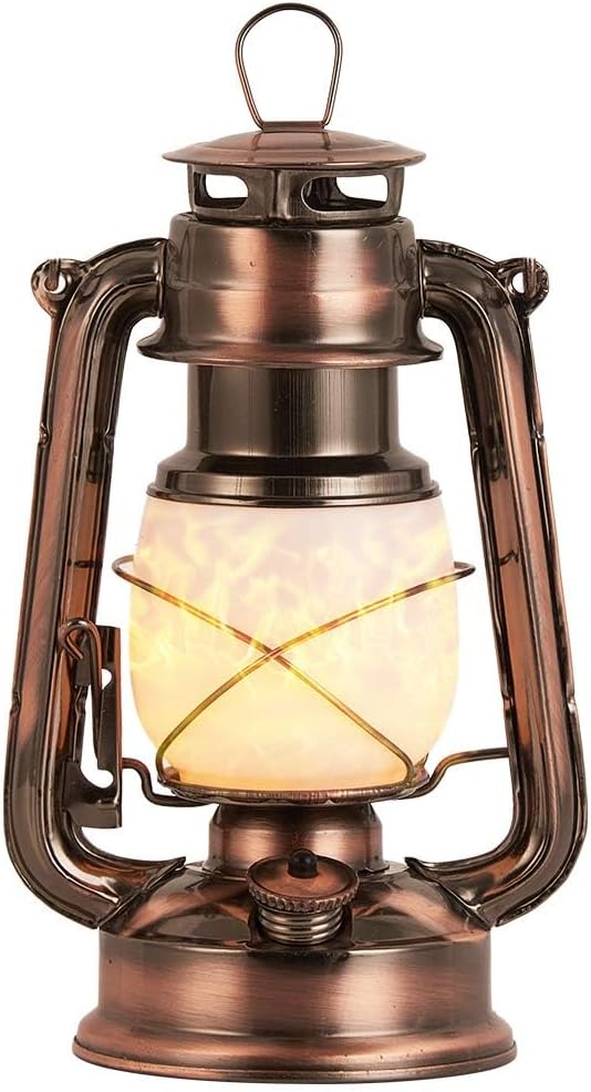 Rechargeable Vintage LED Hurricane Lantern, Warm White Battery Operated, Antique Metal Hanging Lantern with Dimmer Switch, 15 LEDs, 150 Lumen for Indoor or Outdoor Usage (Copper)