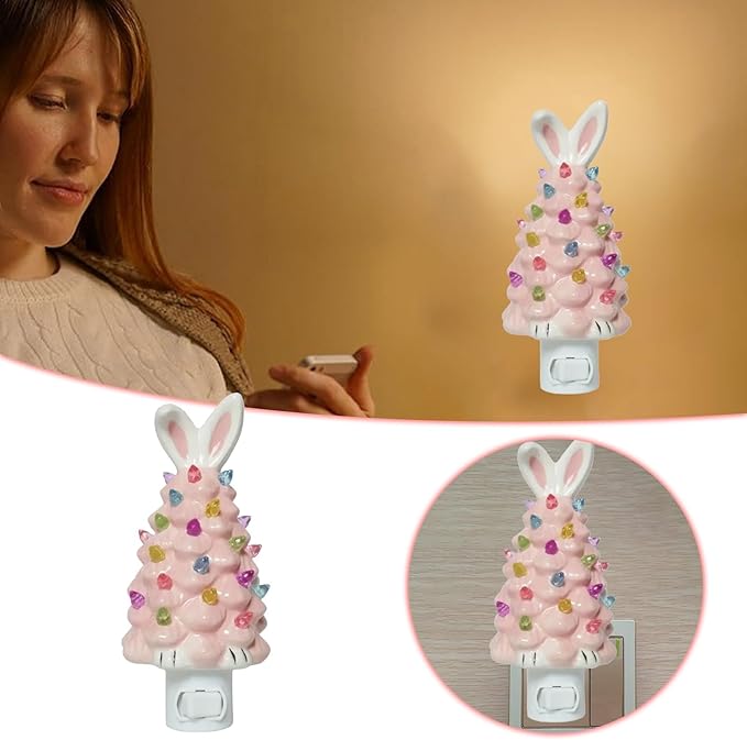 Easter Bunny Tree,Bunny lamp,Glowing Bunny Imitation Ceramic Tree,Resin Bunny Figurine with Colorful Lamp,Light Up Tree with Rabbit Ears,Easter Night Light for Home Decorations (D)