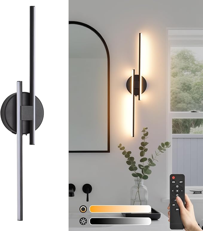 Rechargeable Battery Operated Wall Sconce, Black Wireless LED Wall Sconce with Remote Control, Dimmable 3 Colors Cordless Wall Lights for Living Room, Bedroom, Hallway, 23.6 Inch