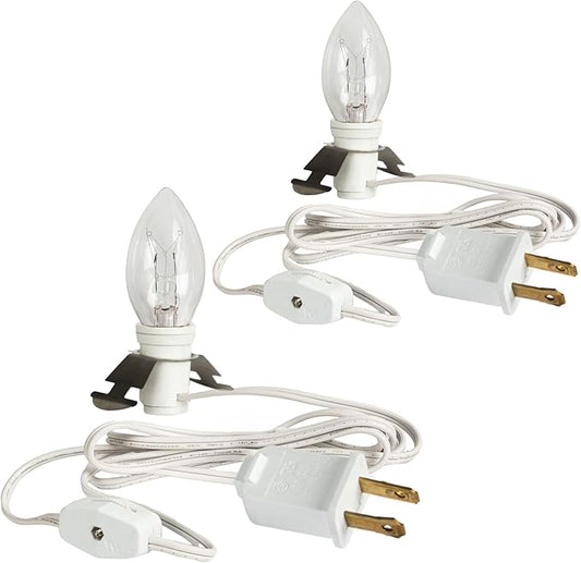 Dazzle Bright 2 Pack 6 FT Accessory Cord with Incandescent Light Bulb E12 Socket White Cord with On/Off Switch Plug, C7 Candelabra Light Bulbs for Holiday Decorations, Christmas Village House