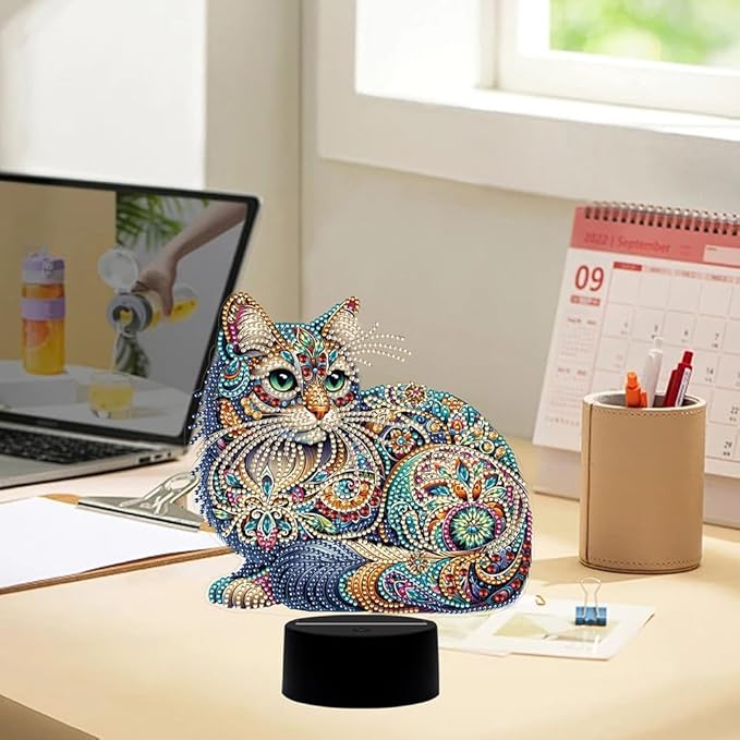 Gorgeous Cat Diamond Art Painting Night Light,Diamond Art Painting Kits Desktop Touch Lamp Ornaments for Tabletop Decor Diamond Art Accessories for Adult Beginner Bedrooms Living Room