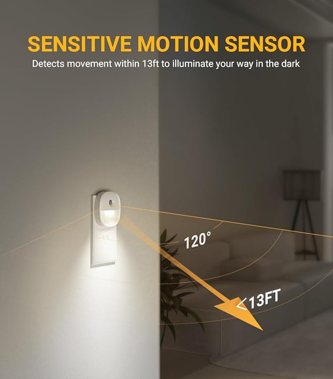 Lyridz Plug in Night Light with Motion Sensor and Dusk to Dawn Sensor, Dimmable Cool White Nightlight with 1-50lm Adjustable Brightness for Bedroom, Bathroom, Stairs, Hallway, 2 Pack