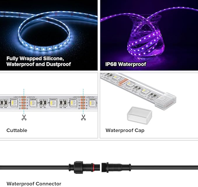 BTF-LIGHTING IP68 Waterproof Outdoor RGBW LED Strip 5050SMD RGB+Cool White(6000K-7000K) 4 Color in 1 DC12V 5m 16.4ft 60LED/m Multi-Colored Light White PCB Can Work Outdoor(No Adapter or Controller)