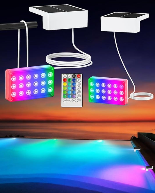 Solar Powered Underwater LED Submersible Pool Lights with Remote Control, IP68 Waterproof RGB 16-Color Changing Lights for Inground/Above Ground Swimming Pools, Outdoor Pond Decor & Party (2Pack)
