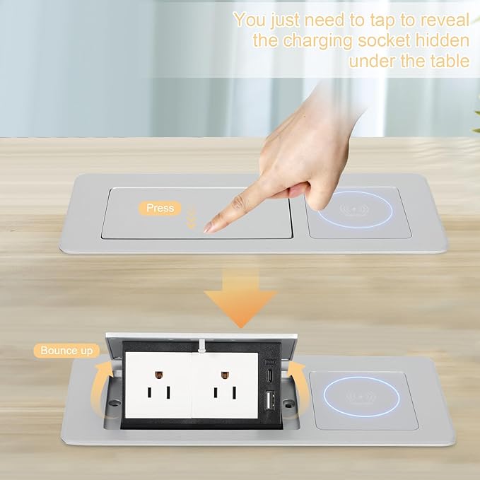Table Pop Up Outlet Automatic Pop Up Strip Center Countertop Recessed Power Strip with 15W Wireless Charger + USB A + USB C + 2AC 5.9Ft Cord for Conference Desk Office Kitchen (Silver-Wireless)