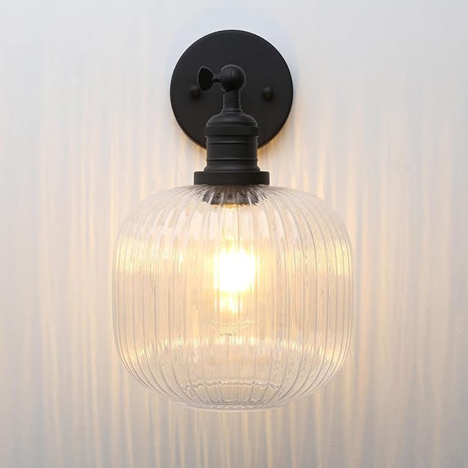 Pathson Modern Wall Sconce Lamp Clear Striped Round Glass, Hardwired Vintage Wall Vanity Light Fixture for Farmhouse Living Room Bedroom Bathroom Loft
