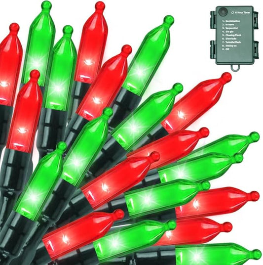 LAMPHOME 50 LED Outdoor Christmas Lights, 16 FT Mini String Light with 9 Modes & 6 Hour Timer, Waterproof Battery Operated for Indoor Outdoor Patio Garden Party Tree Decoration, Red Green