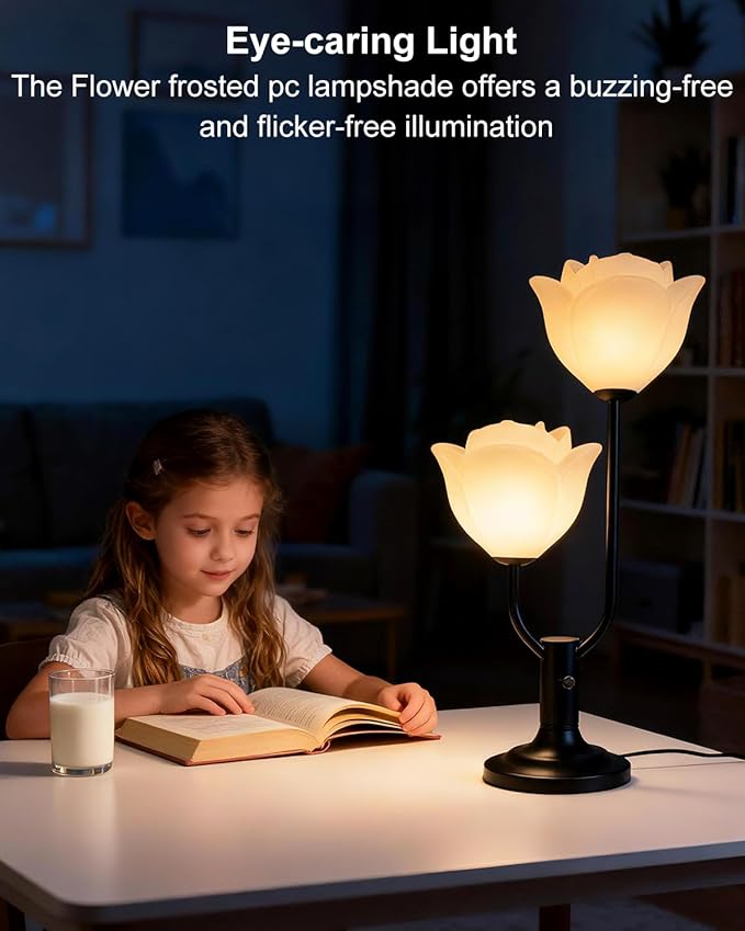 Lightdot Women Bedside Table Lamps for Bedroom, 2-Light Cute Flower Desk Lamp with Bulbs Included, 0-100% Stepless Dimmable Black Nightstand Lamp, Floral Lamp for Living Room, Home Office,Reading