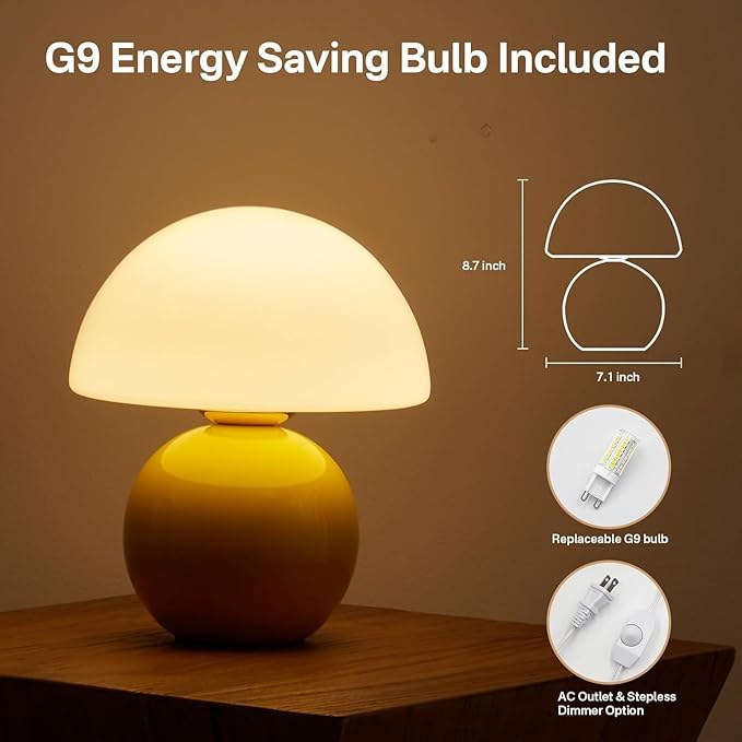 Mushroom Lamp Desk Lamp for Bedroom,Table Bedside Small Lamps for Living Room,Mushroom Decor Cute Mini Modern Mid Century Lamps for Night Stands,Aesthetic Home Living Room Decor(Yellow)