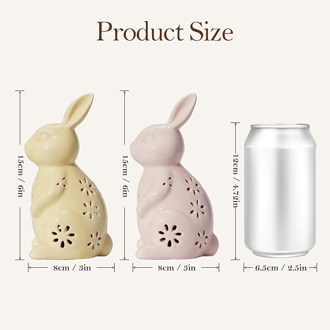 WDS WONDROUS Easter Decorations Light Up Bunny Figurines - 2PCS LED Ceramic Rabbit Statues Decor with Floral Cut-Outs, Glowing Easter Spring Home Decor for Farmhouse Tabletop Shelf Sculpture