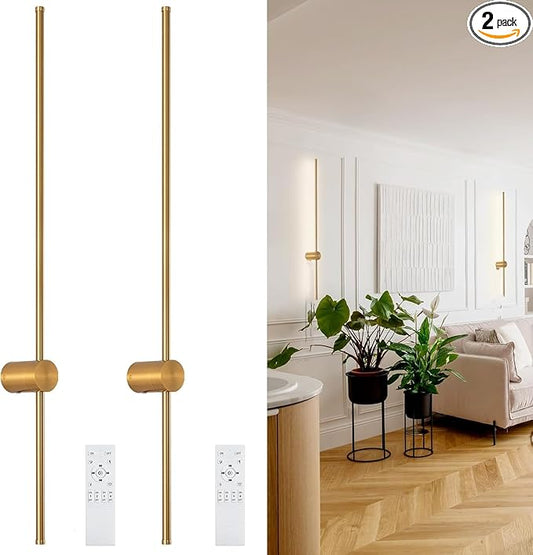 BLUEYE Battery Operated Wall Sconce,Remote Control,Soft Warm 2700K-6000K,Aluminum,Rechargeable,50W Equivalent Lamp,No Flicker,600Lumens,Dimmable,Gold,Set of Two for Non-Hardwired,39-Inch, 2Packs