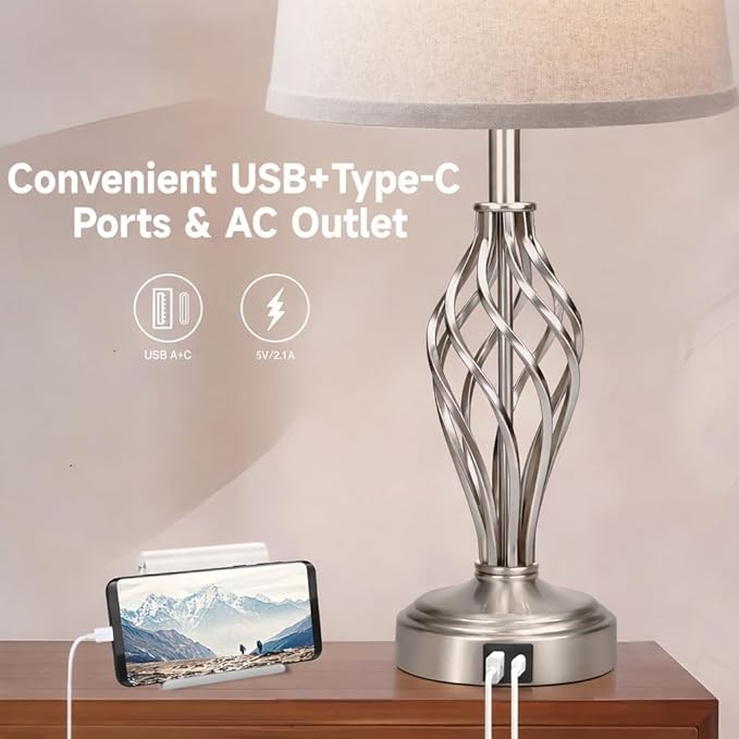 Touch Table Lamps Set of 2, nightstand lamp with USB Ports Bedside 3 Way Touch dimmer Desk lamp for Living Room Bedroom,Nickel Plated Spiral cage Base Design Warm White dimmer Bulbs Included