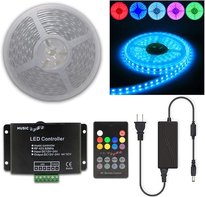 10FT 20FT 50FT 100FT 120FT 150FT 160FT 180FT 200FT 12V 60LEDs/M IP65 Waterproof RGB SMD 5050 LED Strip Light Flexible w/Music Sensed Controller & Power Supply (30)