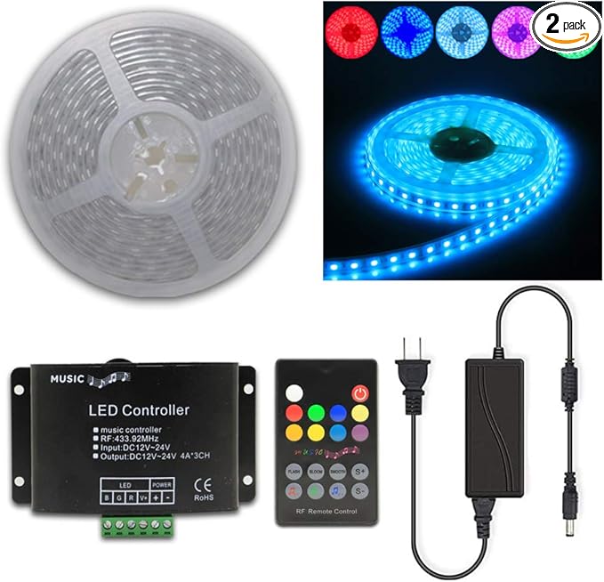 10FT 20FT 50FT 100FT 120FT 150FT 160FT 180FT 200FT 12V 60LEDs/M IP65 Waterproof RGB SMD 5050 LED Strip Light Flexible w/Music Sensed Controller & Power Supply (110)