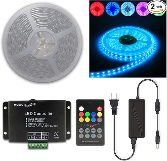 10FT 20FT 50FT 100FT 120FT 150FT 160FT 180FT 200FT 12V 60LEDs/M IP65 Waterproof RGB SMD 5050 LED Strip Light Flexible w/Music Sensed Controller & Power Supply (110)