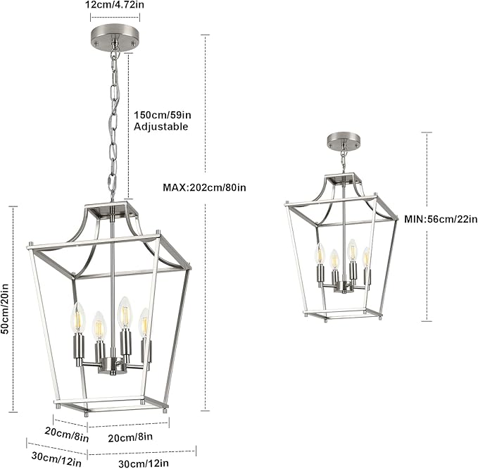 Lantern Pendant Lights, 12" Brushed Nickel Pendant Light Fixtures, 4-Light Adjustable Pendant Lighting for Kitchen Island Dining Room Living Room Foyer Stairway