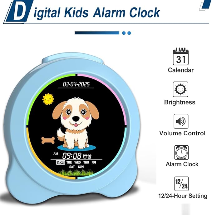 Kids Alarm Clock Sun & Moon& Dog LED Display with Day & Date OK to Wake Clock with Night Light for Kids Children's Sleep Trainer Gift for Boy and Girls