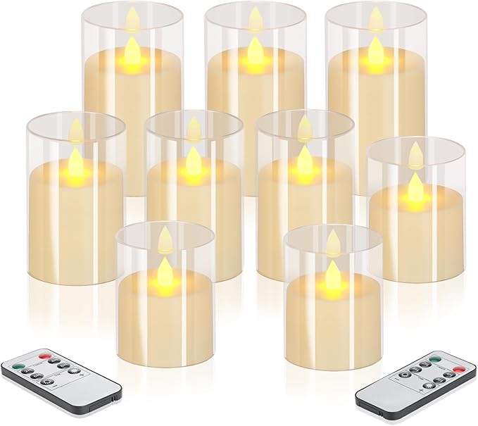 Flameless Candles 4" 5" 6" Set of 9 Acrylic Glass Pillars 3" Diameter Battery Operated Flickering Candles Include 8-Key Remote with Timer Function 400+ Hours (Pure White, 9 Pack)