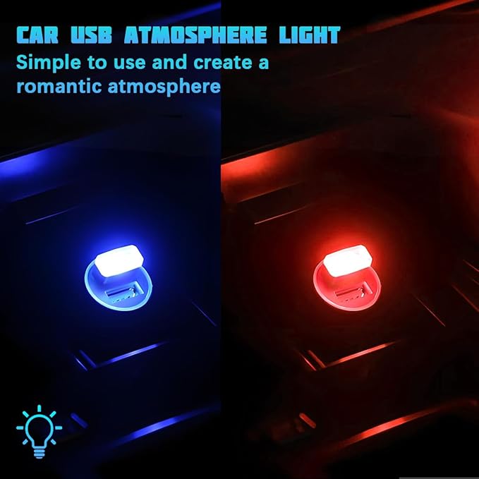 4PCS/Set USB LED Car Interior Atmosphere Lamp, Portable Mini Vehicle LED Night Light, Plug-in USB Interface Automotive Interior Ambient Lighting Kit Accessories, Universal Fit (Red+Blue)