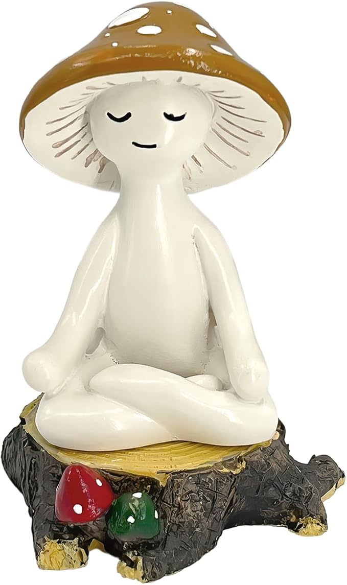 Meditation Mushroom Decor Resin Statue and Stump - Adorable Resin Ornament for Desk, Office, or Garden Display, Mushroom Garden Decoration