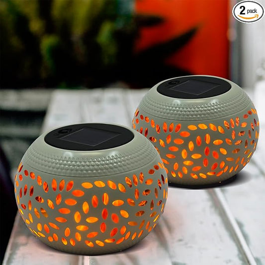 Solar Table Lanterns Outdoor Waterproof-2PACK Dancing Flickering Flame Solar Lights,White Metal Desktop Decorative Lamps for Gifts for Women Mom Desk Patio Garden Yard Decor