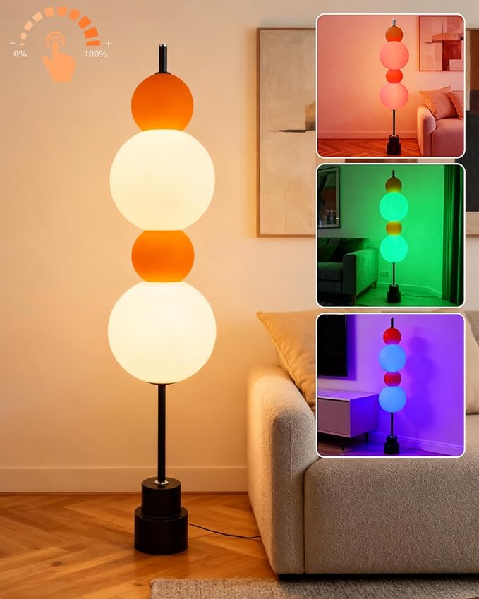 Orange Globe Floor Lamp -RGB& 3000K Dimmable LED, Touch Switch, Modern Tall Standing Lamp for Bedroom, Living Room, Home Office