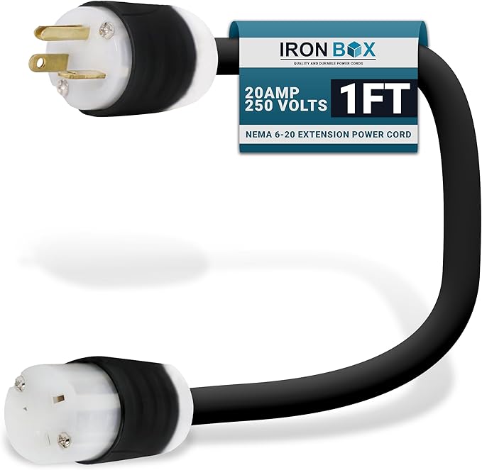IronBox Electric - NEMA 6-20 Extension Cord - 12/3 SJT Jacket, 20A, 250V Extension Cable - Compatible w/Any Generator Equipped with a 6-20 Receptacle - Heavy Duty Cable(Custom Built,1 Foot)