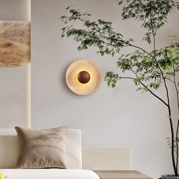 Wall Sconce American Retro Minimalism Wall Light Round Yellow Travertine Interior Wall Lamp 7W LED Warm Light 3000K travertine sconce Wooden Decoration Living Room Wall Lighting