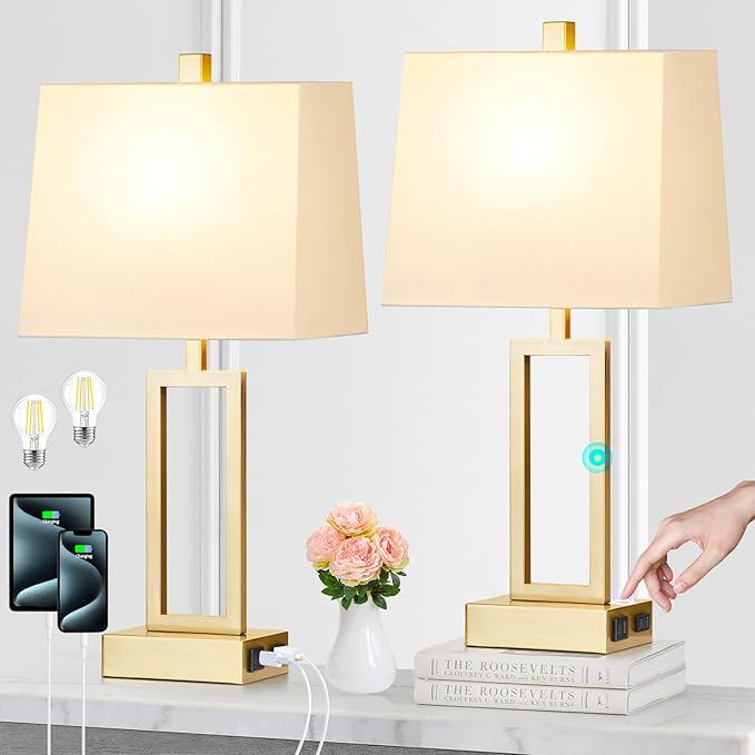 23.5" Touch Control Table Lamps, Metal Bedside Lamp for Bedroom Set of 2 with USB A+C Ports & AC Outlet, 3-Way Dimmable Nightstand Lamp for Living Room (LED Bulb Included)