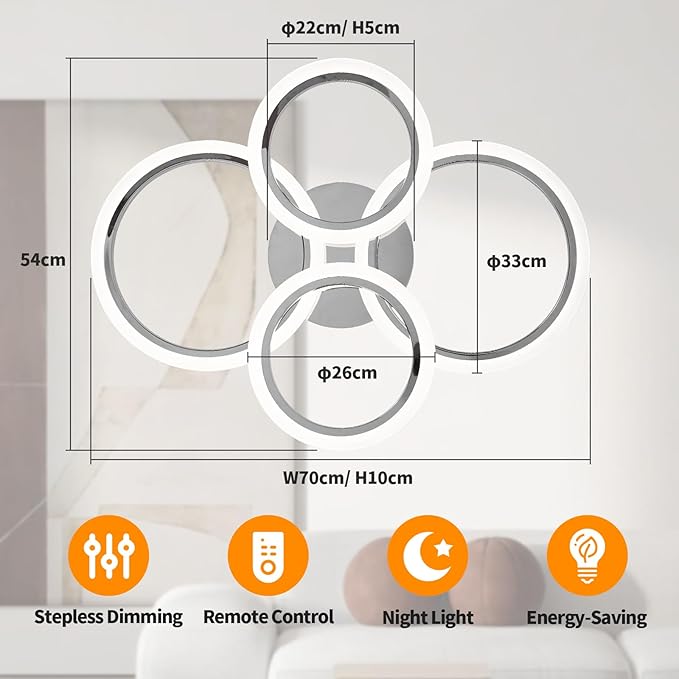 Modern LED Ceiling Light Fixture, 4 Rings Dimmable Flush Mount Ceiling Light with Remote, Acrylic Close to Ceiling Lighting Fixture for Low Ceiling Living Room Bedroom Kitchen (4 Heads)