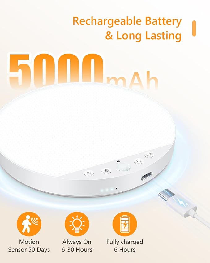 Rechargeable 8W Motion Sensor Ceiling Light Indoor, Wireless Magnetic Stick-On, Remote Control for Color & Brightness, Battery Operated Light for Shower, Closet, Bathroom, Pantry, Hallway, 2-Pack