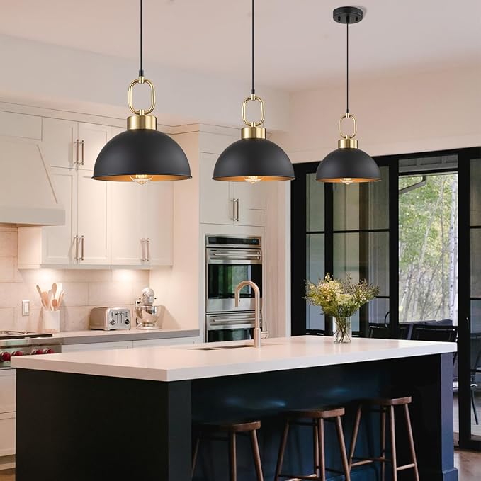 2 Pack Black Pendant Lights Kitchen Island, 10'' Farmhouse Industrial Pendant Light Fixtures, Adjustable Height Modern Dome Hanging Light for Kitchen Dining Room Entryway Bar