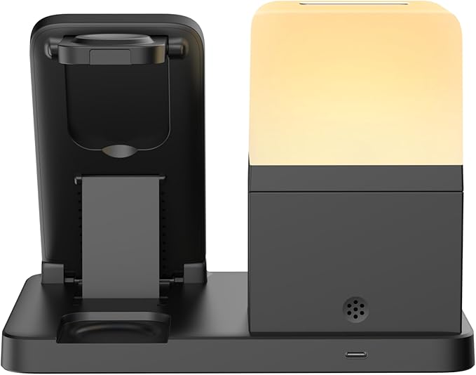 M.A.D LAB Nightstand Charging Station - Charging Station for Multiple Devices with Alarm Clock and Night Light, Wireless Fast Charger for iPhone, Android Phones, AirPods & Apple Watch (No Adapter)