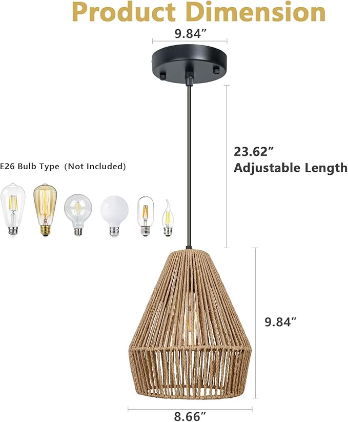 3 Packs Rattan Pendant Light, 9” Boho Black Hanging Light Fixture Kitchen Island, Natural Hand-Woven Pendant Light, Adjustable Farmhouse Chandelier For Sink Island Bar Foyer Bedroom Dining Room