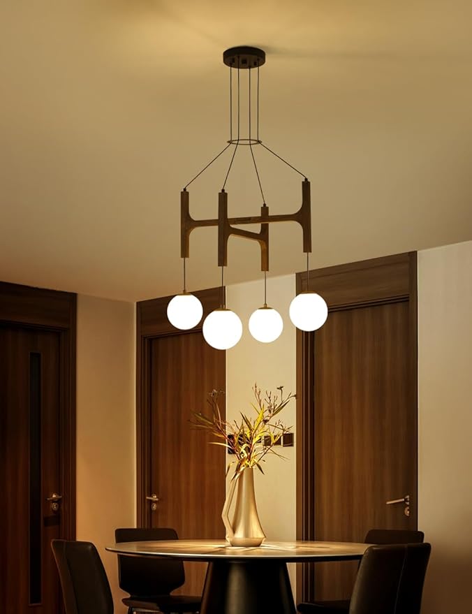 Vintage Milk Glass Pendant Light, Mid Century Wood Chandelier with Rustic Farmhouse Design, 4-Light Hanging Fixture for Kitchen Island, Dining Room, Bedroom Stairwell