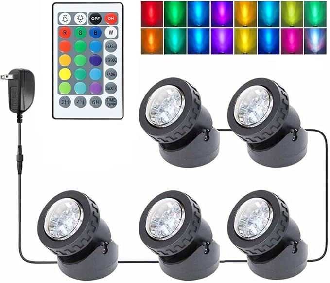 Colored Pond Lights with Timer, RGB Fountain Light IP68 Waterproof, Dimmable Outdoor Landscape Lights Fish Tank Pond Fountain Garden, 5 Lights Pack