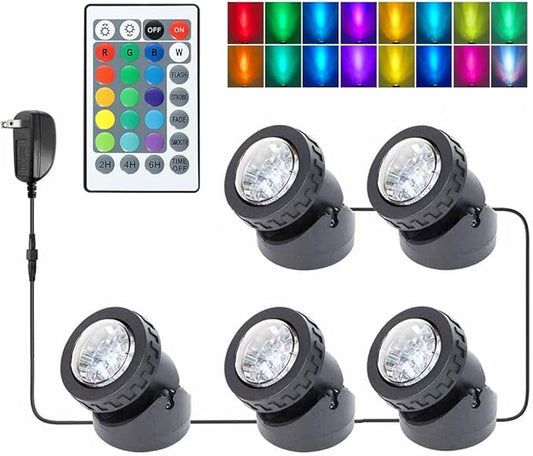 Colored Pond Lights with Timer, RGB Fountain Light IP68 Waterproof, Dimmable Outdoor Landscape Lights Fish Tank Pond Fountain Garden, 5 Lights Pack