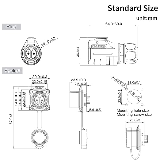 CNLINKO LP20 Reverse Mount 2-Pin Waterproof Circular Electrical Connector, IP68 Female Plug Male Socket for Automotive Machinery and Outdoor Use Quick Connect Aviation Connector (Plastic Plug)