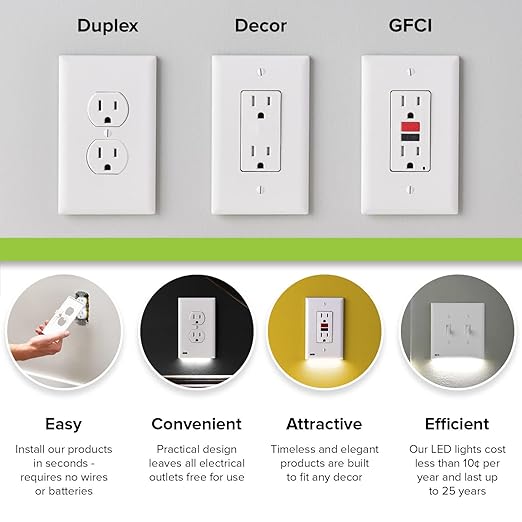 SnapPower Single MotionLight [for Duplex Outlets] - Motion Detecting LED Night Lights Built-in to Wall Plate - Bright/Dim/Off Options - Auto On/Off Sensor - (Duplex, Ivory)
