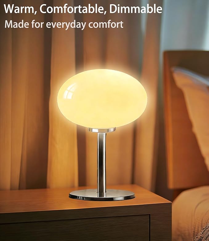 Glass Mushroom Lamp, Mid Century Dimmable Lamp 3 Color Temperatures Table Lamp for Bedroom Living Room Bedside Lamp, Cute Lamp Modern Small Lamp (8W, Beige)
