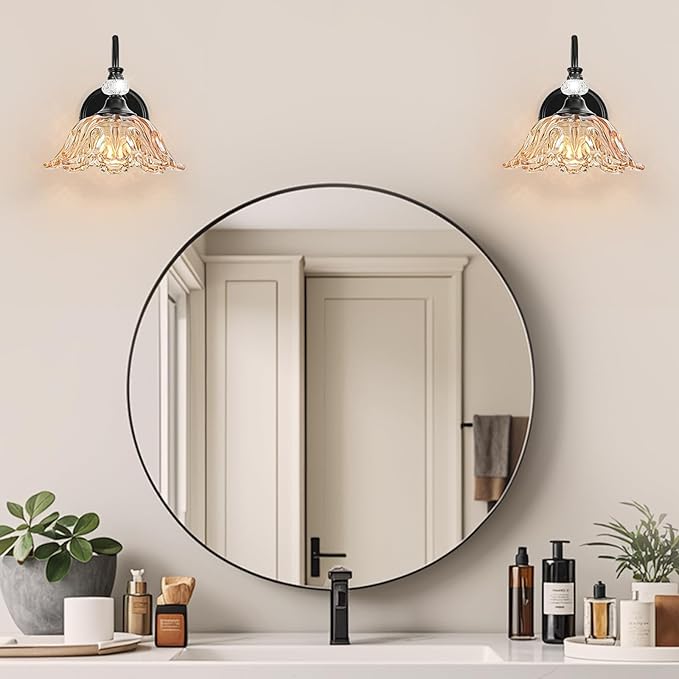 Black Wall Sconces with Floral Amber Glass Shades, Black Farmhouse Wall Mount Lighting for Bathroom,Vintage Bathroom Vanity Light Fixtures