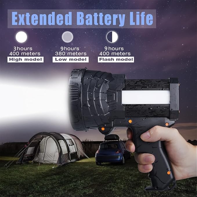 YIERBLUE Rechargeable Spotlight, Super Bright 100,000 High Lumen LED Handheld Spotlight Long Lasting Large Flashlight Searchlight and Flood Camping Flashlight with Foldable Tripod Black