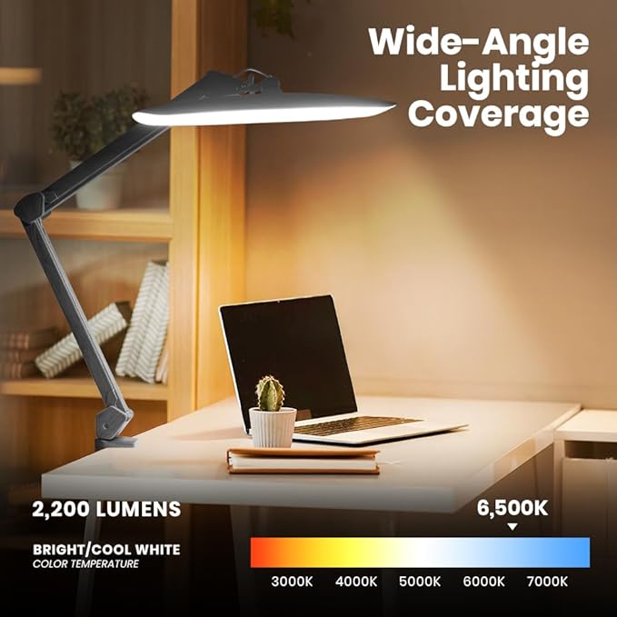 Neatfi XL 2200 Lumens 24W LED Desk Lamp with Clamp - Shadow-Free Task Lighting | 4-Level Dimming | Home Office & Crafts Use | 20-Inch Wide Head (Non-CCT, Gray Wood)