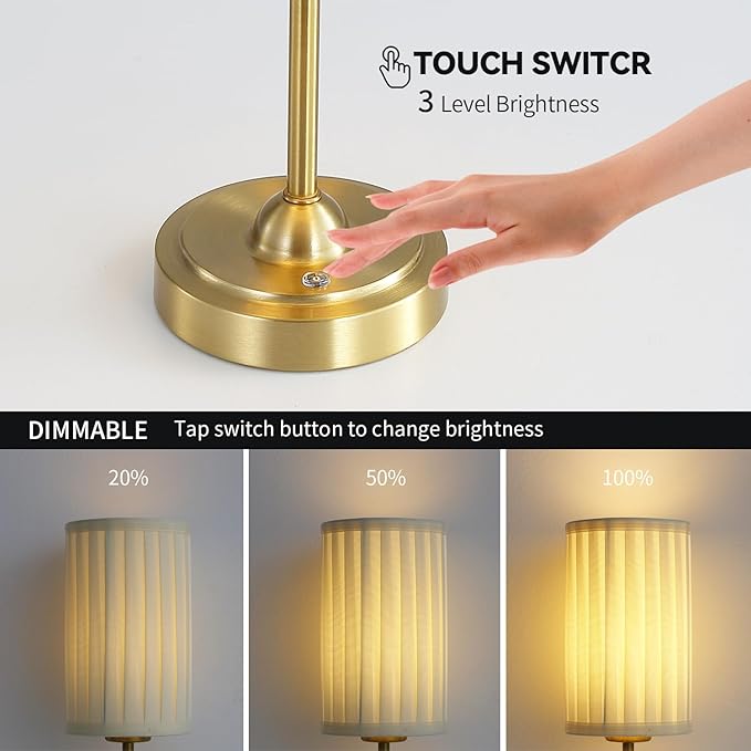 Portables Cordless Table Lamp, LED Fabric Shade Desk Lamp,Rechargeable Battery Operated，Lighting for Bedroom, Bedside,Bar,Living Room, Dining Room, Night Light (Brass)