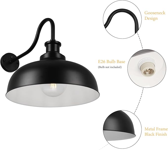 Dusk to Dawn Outdoor Gooseneck Barn Light,16 Inch Dome Outdoor Wall Sconce Farmhouse Exterior Wall Mount Light Vintage Wall Lighting Fixture Industrial Black Wall Lantern for Porch, 2 Pack