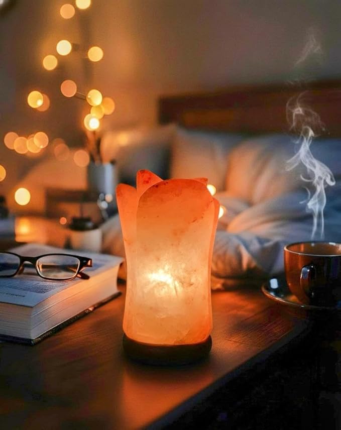 Himalayan Pink Salt Lamp – Flower Shape – Hand-Carved Natural Crystal Salt Rock with Wooden Base Ideal Gift & Home Décor