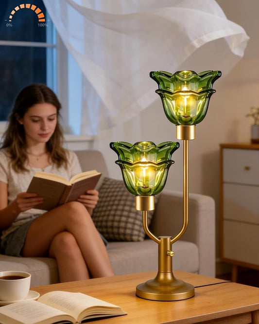 Lightdot Mid Century Modern Flower Table Lamp Gold Dimmable U-Shaped Green Glass Desk Lamps with 2Pcs 3000K Warmwhite Bulbs Included Bedside Nightstand Lamp for Living Room Bedroom