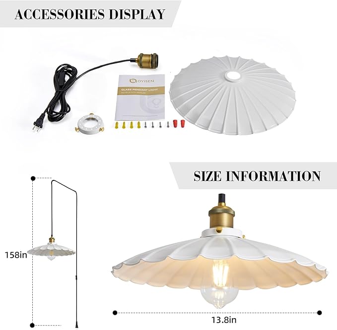 Plug in Pendant Light 13.8 Inch White Round Metal Shade Vintage Hanging Lamp Plug in 14Ft Adjustable Dome Industrial Hanging Plug in Light for Living Room 2Pack