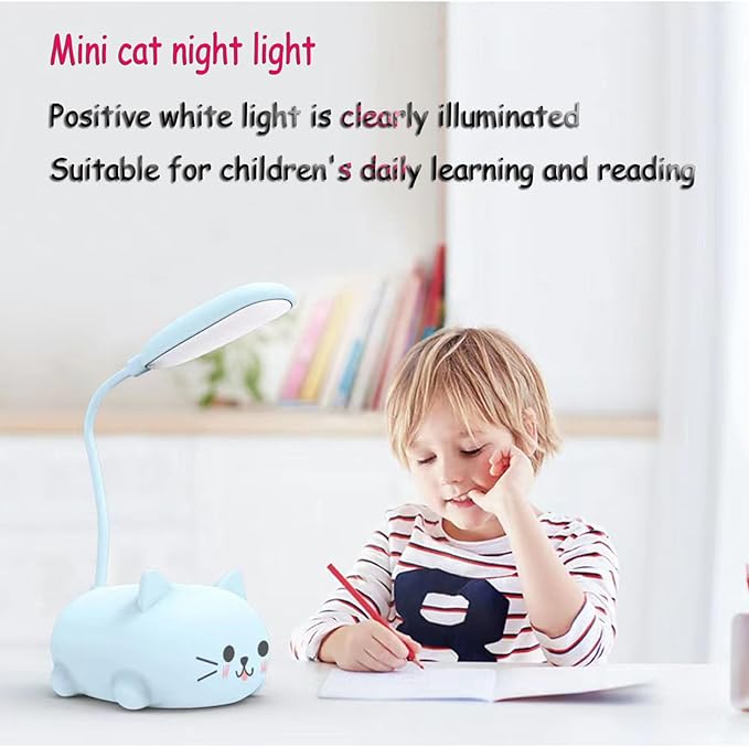 LED Desk Lamp for Kids, Cute Cat Lamp USB Rechargeable Reading Light,Portable LED Table Light, Flexible Gooseneck Eye-Care Cartoons Small Desk Lamp Girls Gifts (Blue)